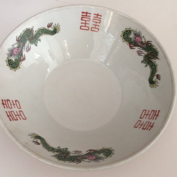 Vintage Chinese Japanese porcelain big bowl double happiness green dragon marked - Picture 1 of 4